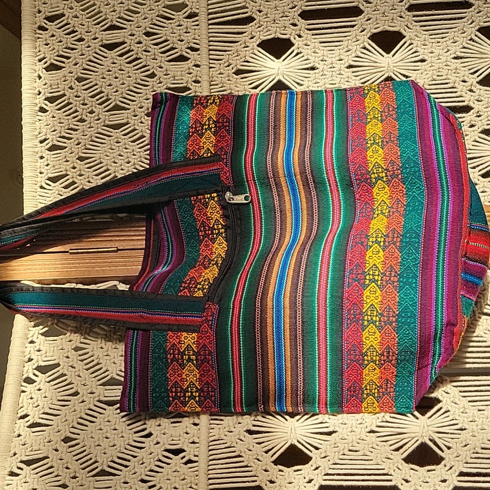 Boho Bag Multi Color Cotton Fabric. Measures 14" Deep 16" Across. Like New.